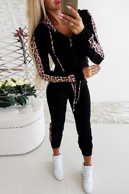 Leopard Patchwork Zip-up Hoodie Suits