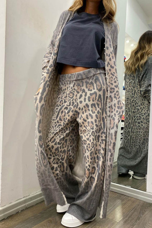 Leopard Print Long Cardigan Two-piece Pants Suits