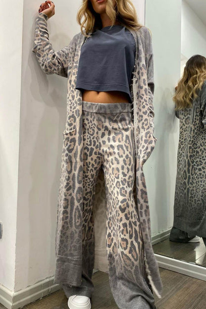 Leopard Print Long Cardigan Two-piece Pants Suits