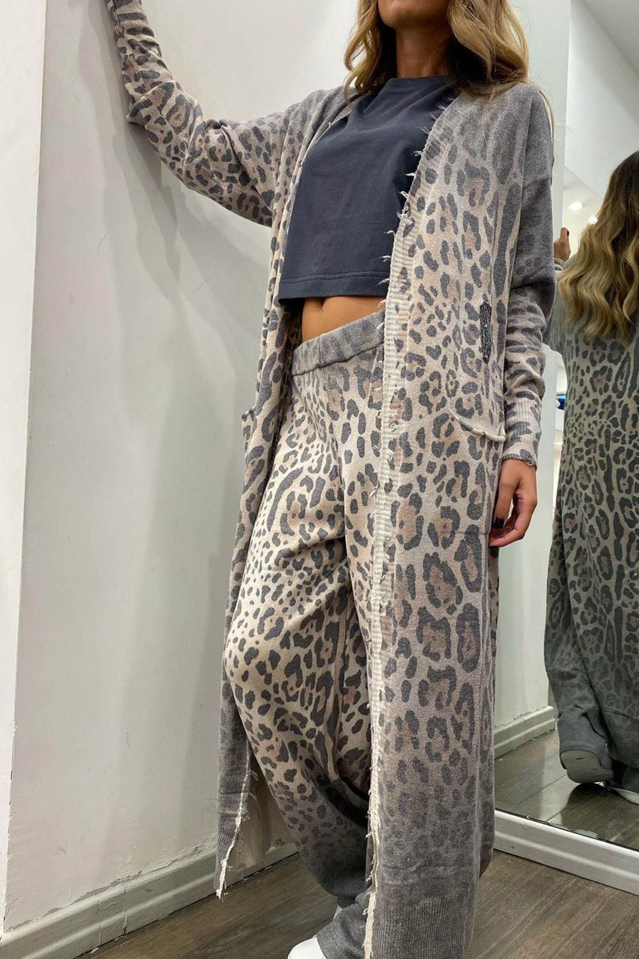 Leopard Print Long Cardigan Two-piece Pants Suits