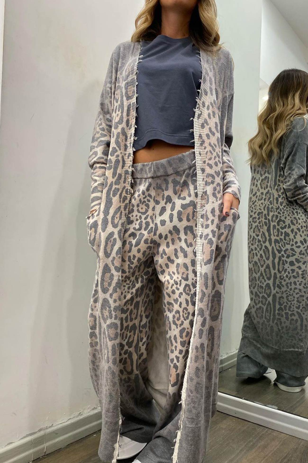 Leopard Print Long Cardigan Two-piece Pants Suits