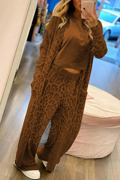 Leopard Print Long Cardigan Two-piece Pants Suits