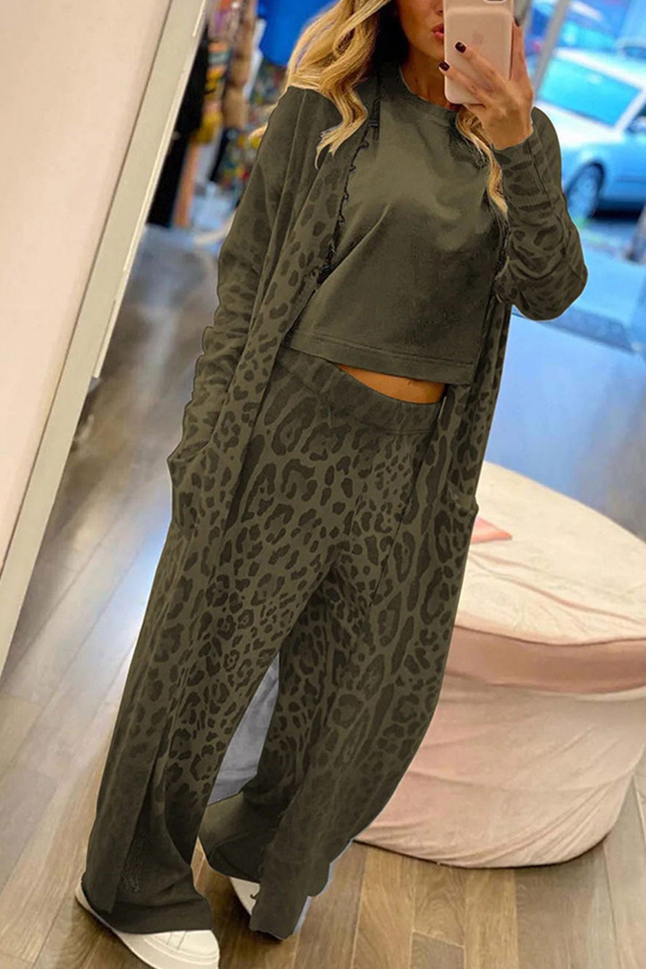 Leopard Print Long Cardigan Two-piece Pants Suits