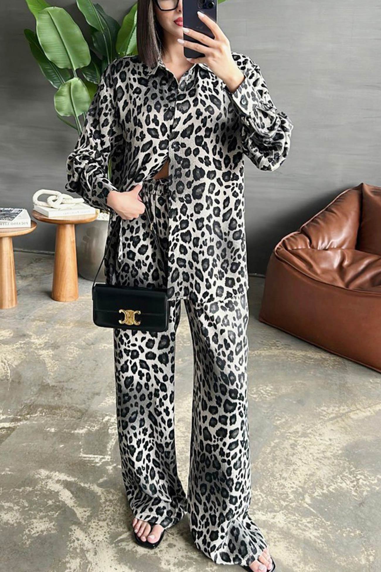 Leopard Print Long Sleeve Blouse Set