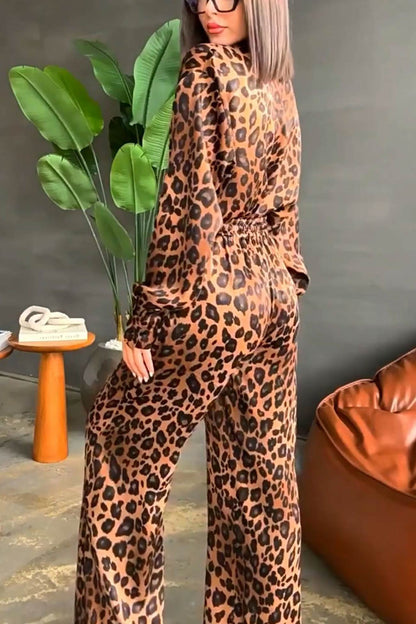 Leopard Print Long Sleeve Blouse Set