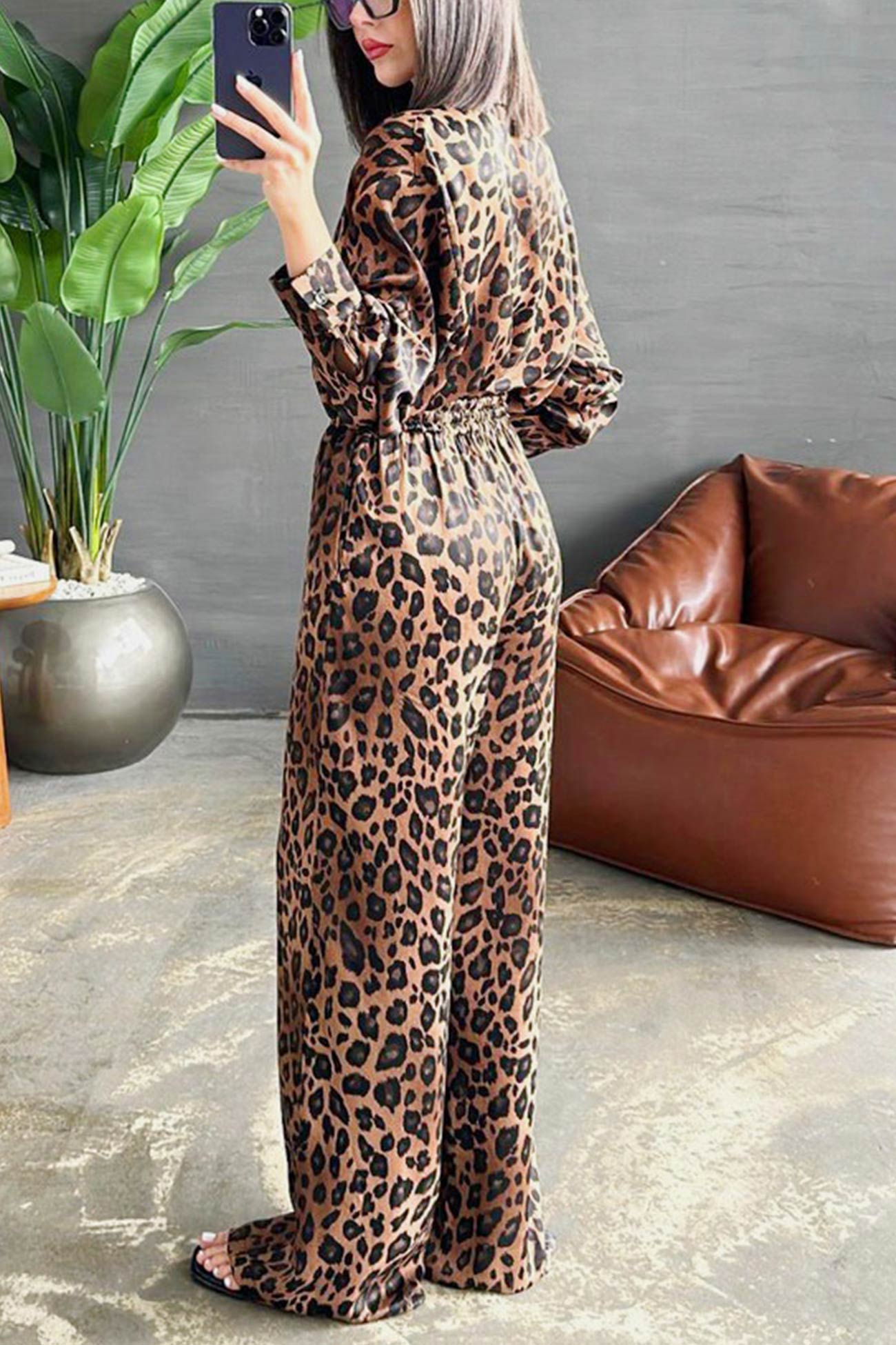 Leopard Print Long Sleeve Blouse Set