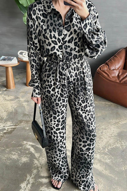 Leopard Print Long Sleeve Blouse Set