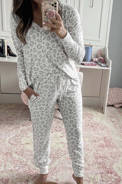 Leopard Print V Neck Long Sleeve Loungewear