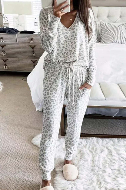 Leopard Print V Neck Long Sleeve Loungewear