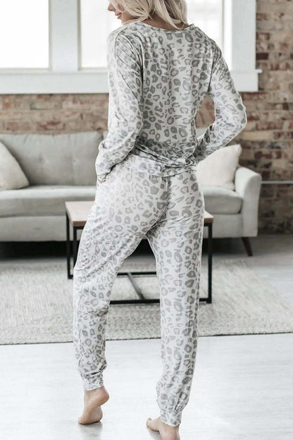 Leopard Print V Neck Long Sleeve Loungewear