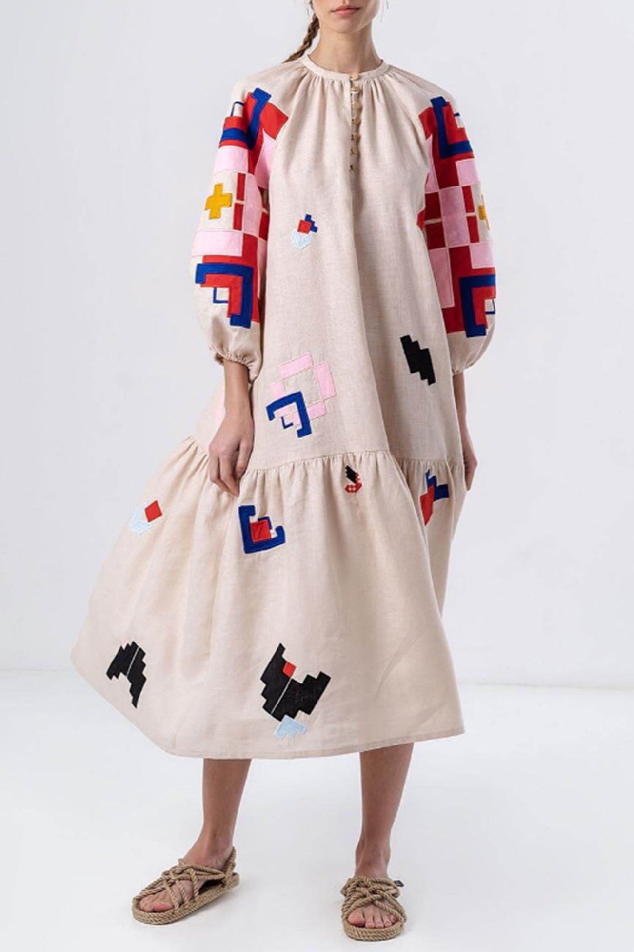 Linen Printed Lantern Sleeve Dress