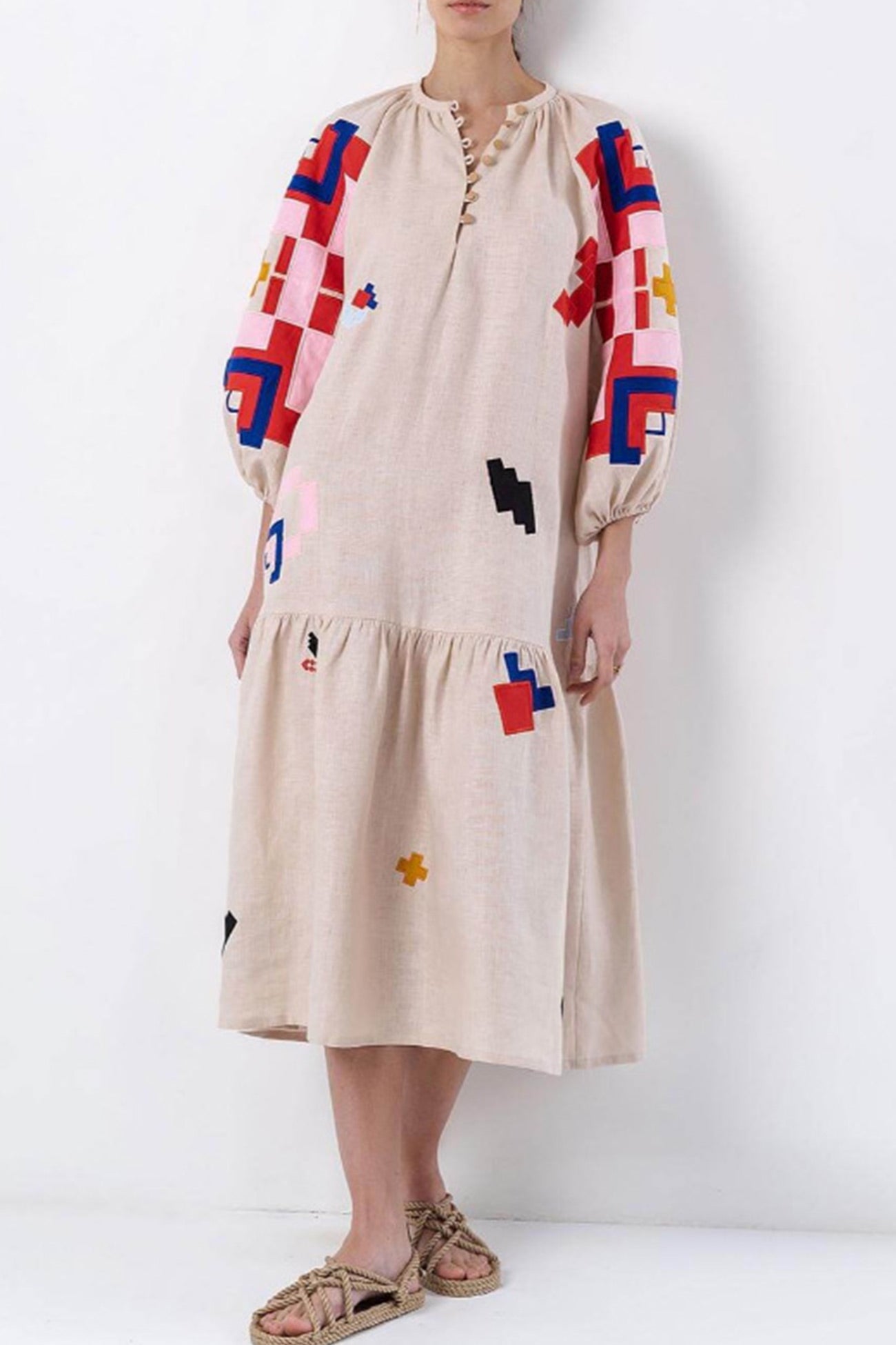 Linen Printed Lantern Sleeve Dress