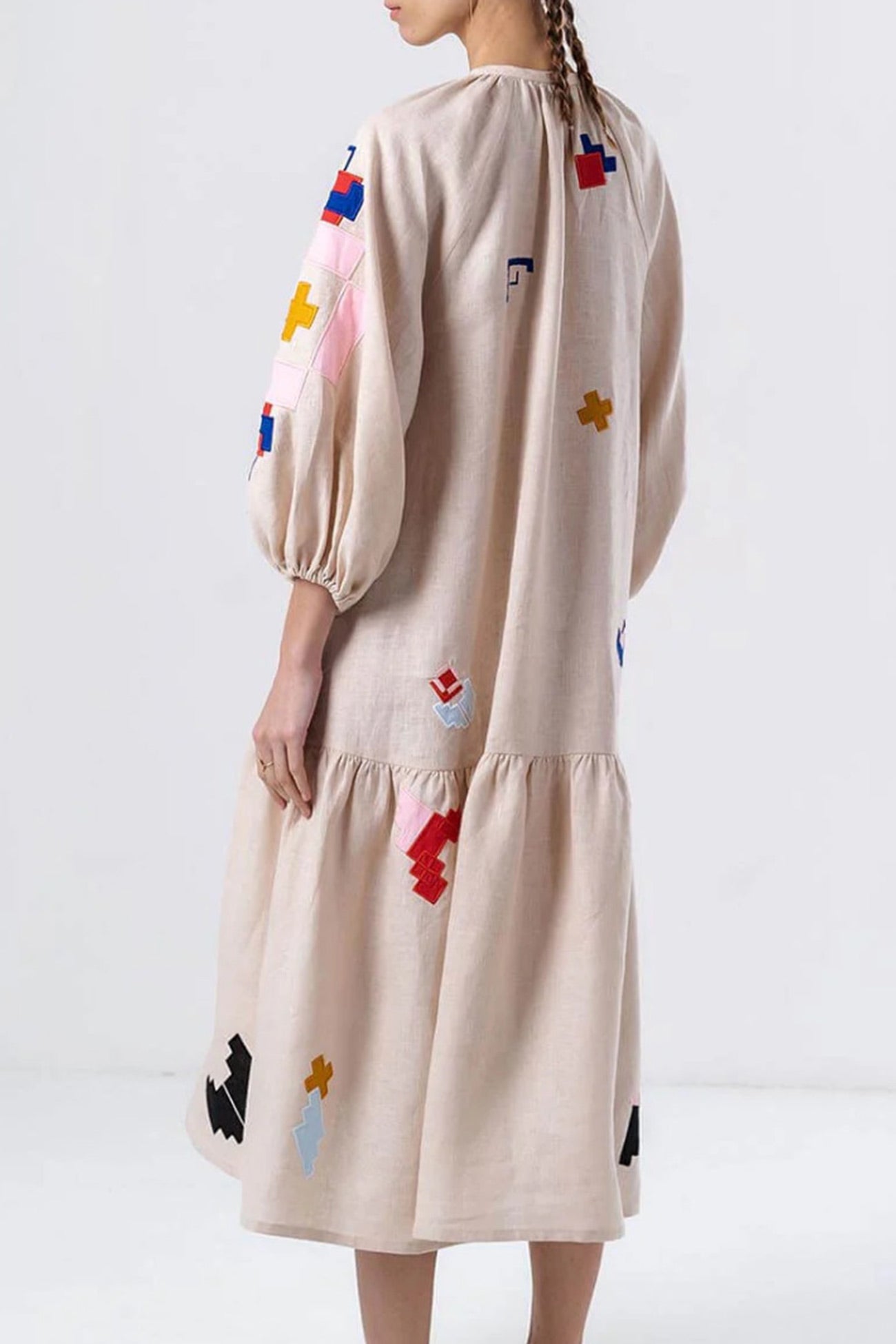 Linen Printed Lantern Sleeve Dress