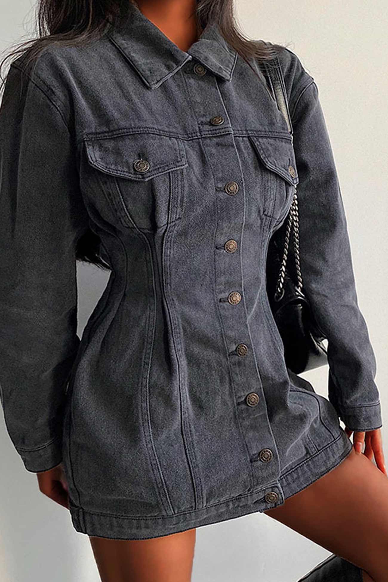 Long Sleeve Button-down Waisted Denim Dress