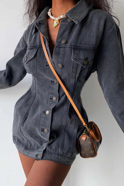 Long Sleeve Button-down Waisted Denim Dress