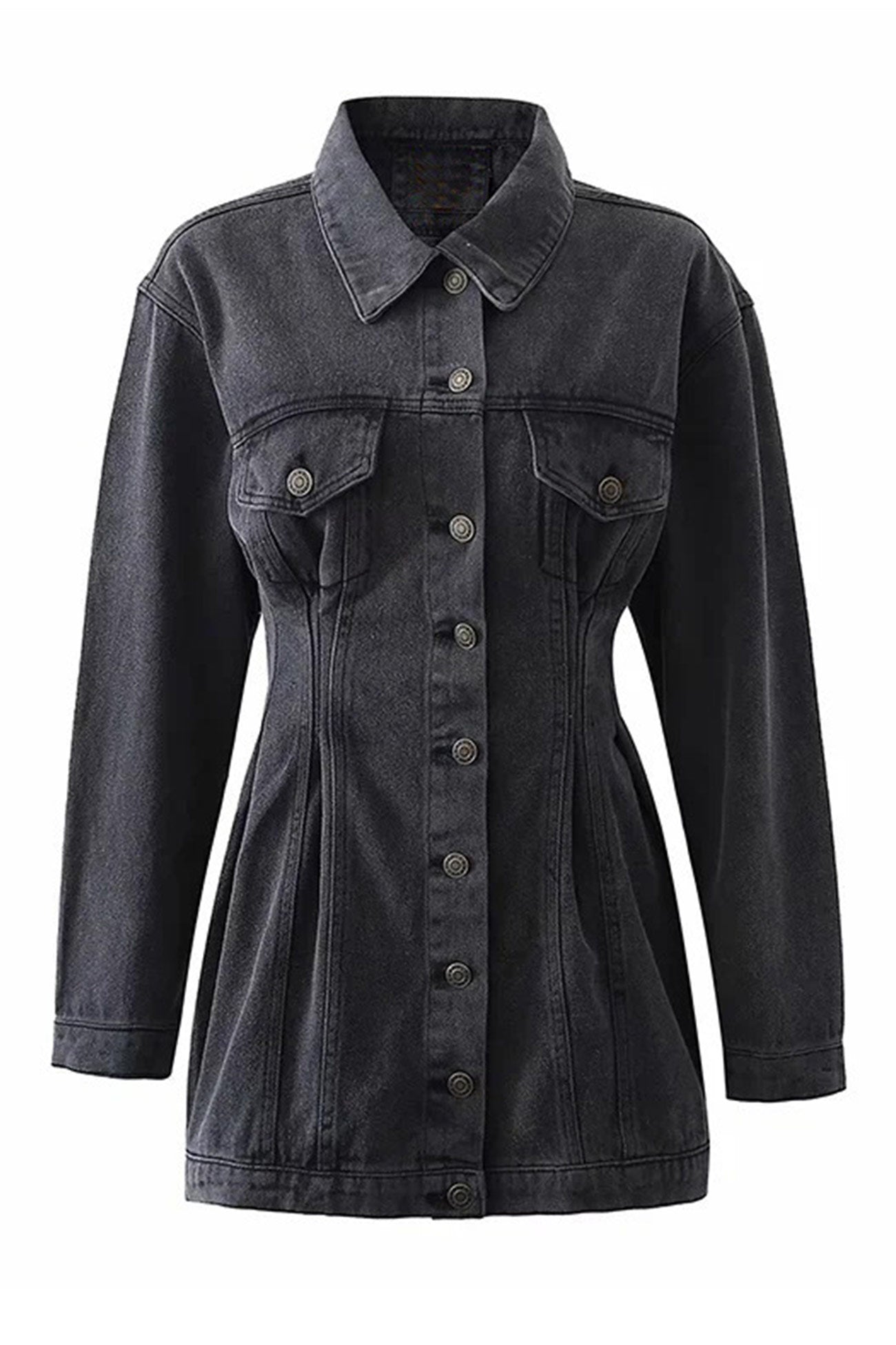 Long Sleeve Button-down Waisted Denim Dress