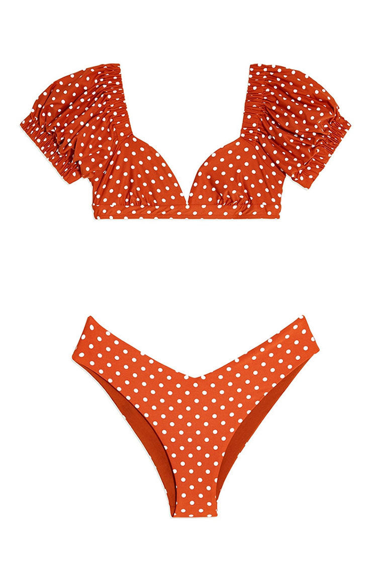 Retro Polka Dot Puff Sleeves V Neck Bikini Two Piece Swimsuit