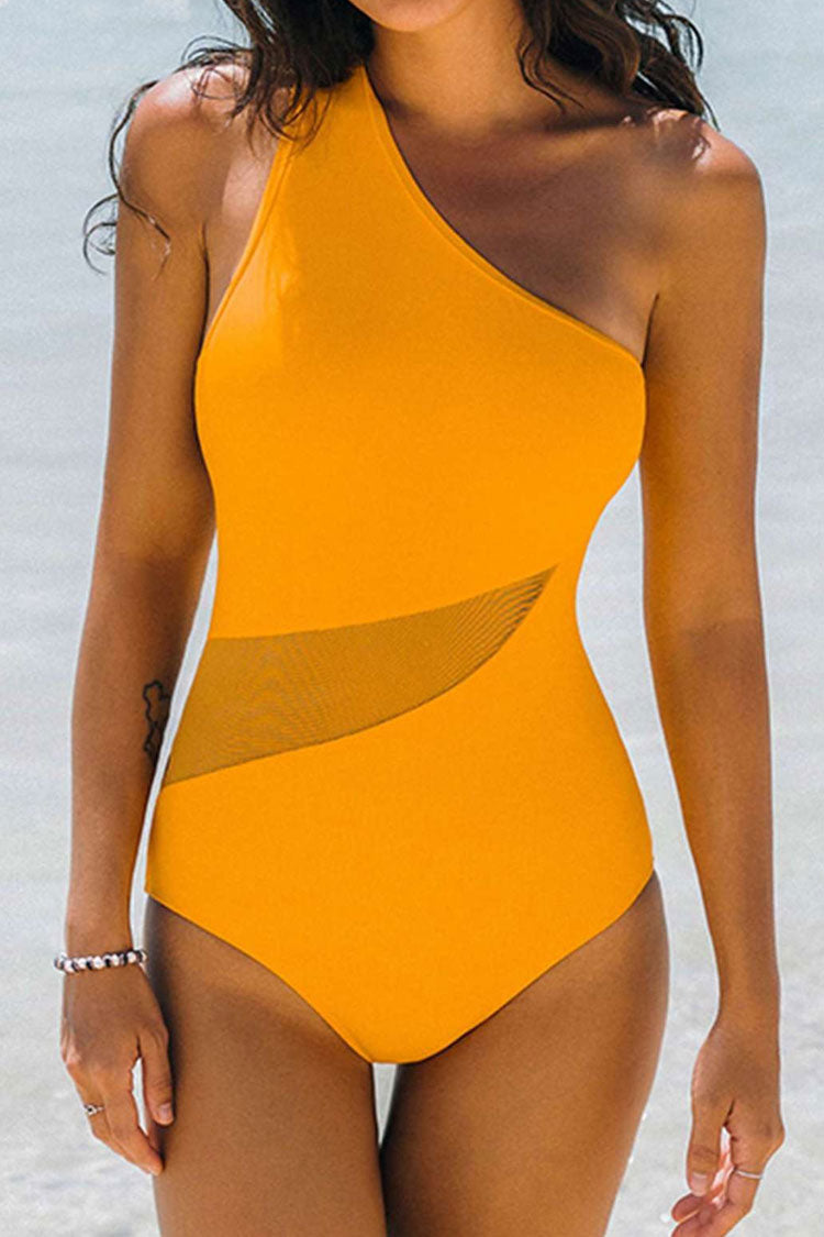 Asymmetri Sheer Mesh Panel One Shoulder Open Back One Piece Swimsuit