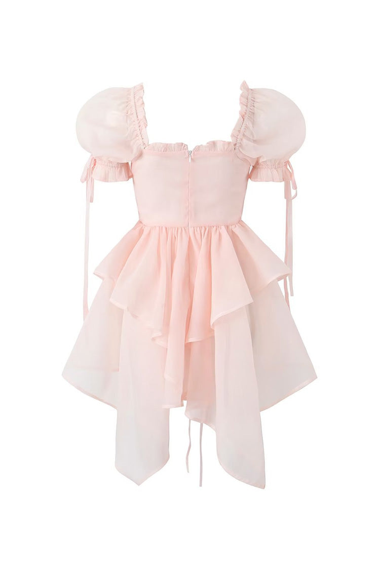 Asymmetric Bow Tie Puff Sleeve Lace Up Organza Summer Ruffle Tiered Mini Dress