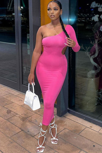 Asymmetric One Shoulder Long Sleeve Cutout Bodycon Party Midi Dress - Pink