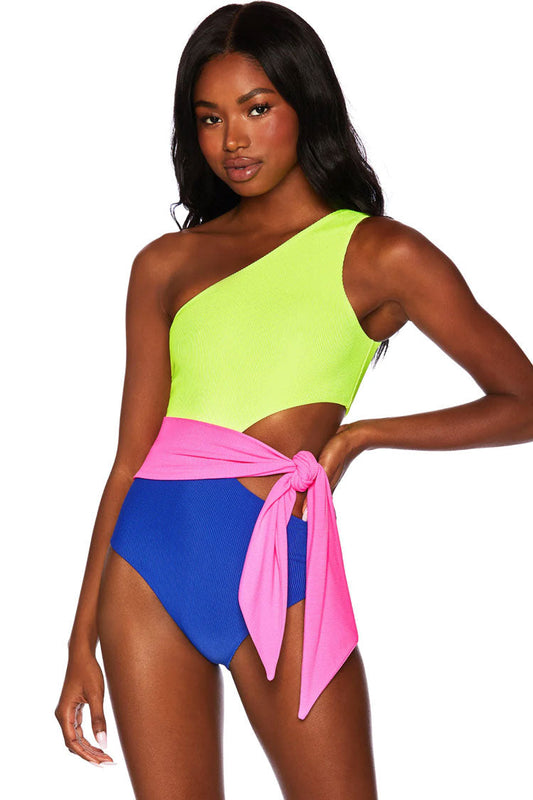 Asymmetric Rib Color Panel Tie Side Cutout One Shoulder One Piece Swimsuit