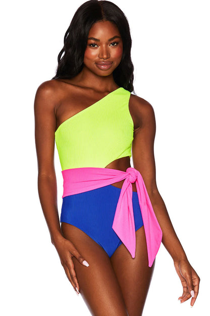 Asymmetric Rib Color Panel Tie Side Cutout One Shoulder One Piece Swimsuit