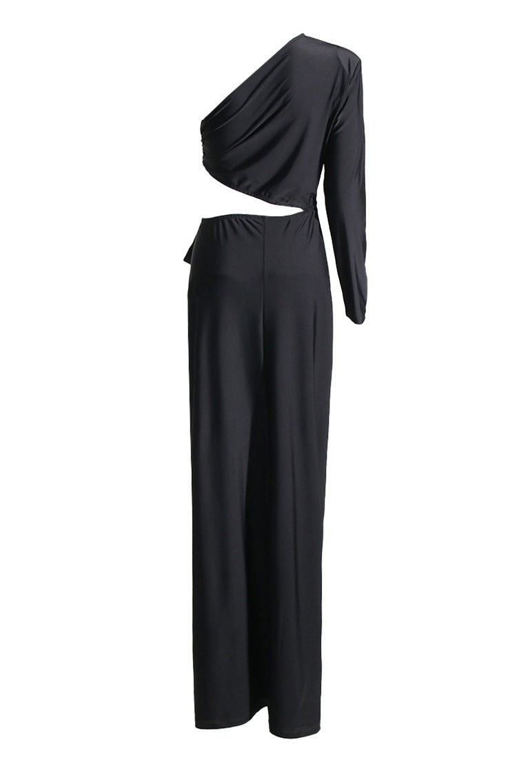 Asymmetrical One Shoulder Cut Out Ruched Draped Split Evening Maxi Dress