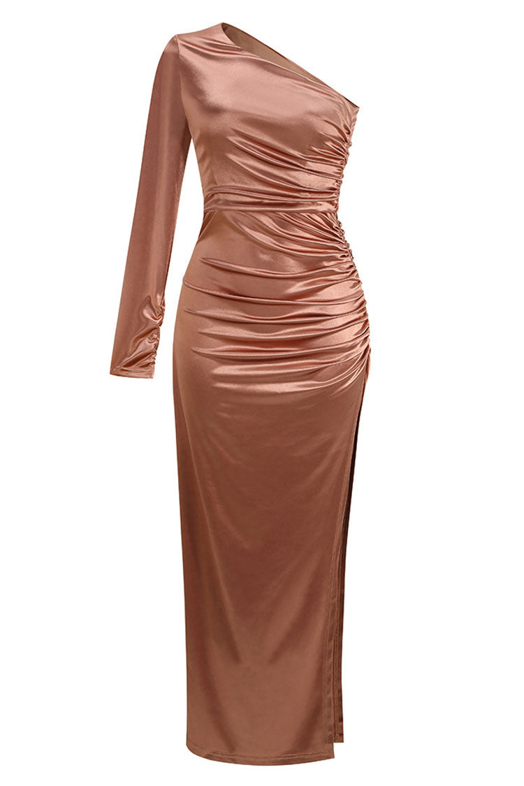 Asymmetrical One Shoulder Long Sleeve Ruched Split Evening Maxi Dress - Brown