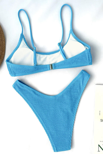 Athletic High Cut Spaghetti Strap Shirred Bralette Bikini Two Piece Swimsuit