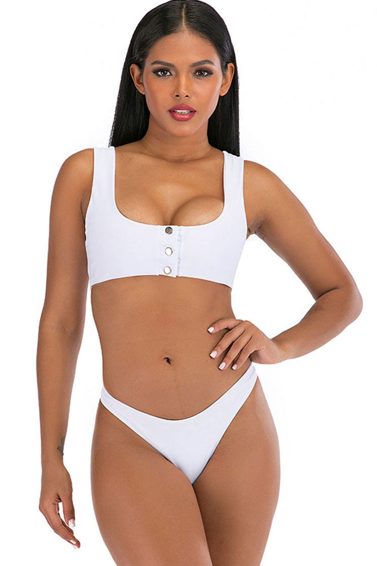 Athletic Solid Button Front Tank Bikini Two Piece Swimsuit