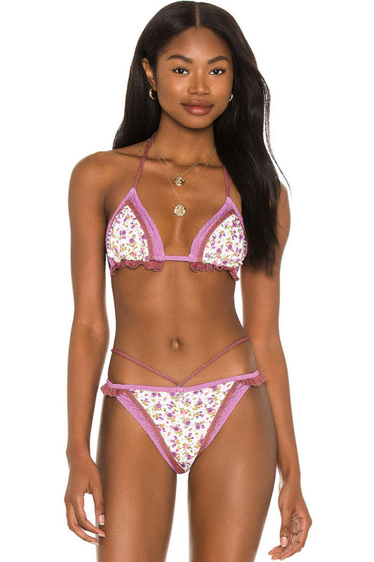 Boho Floral Printed Ruffle High Cut Slide Triangle Bikini Two Piece Swimsuit