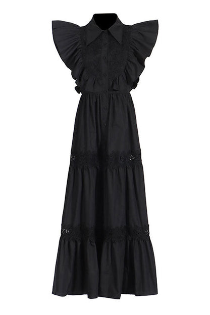 Breezy Collared Ruffle Sleeve Guipure Lace Tiered Beach Vacation Maxi Dress