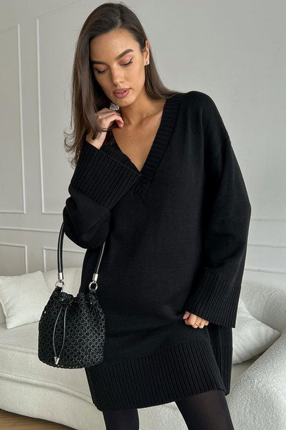 Casual Deep V Long Sleeve Shift Winter Oversized Sweater Mini Dress - Black