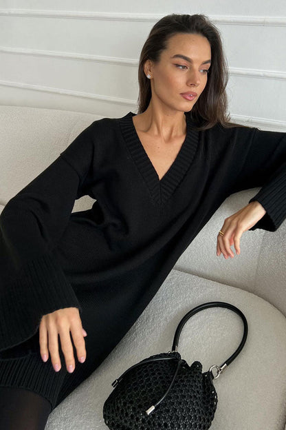 Casual Deep V Long Sleeve Shift Winter Oversized Sweater Mini Dress - Black