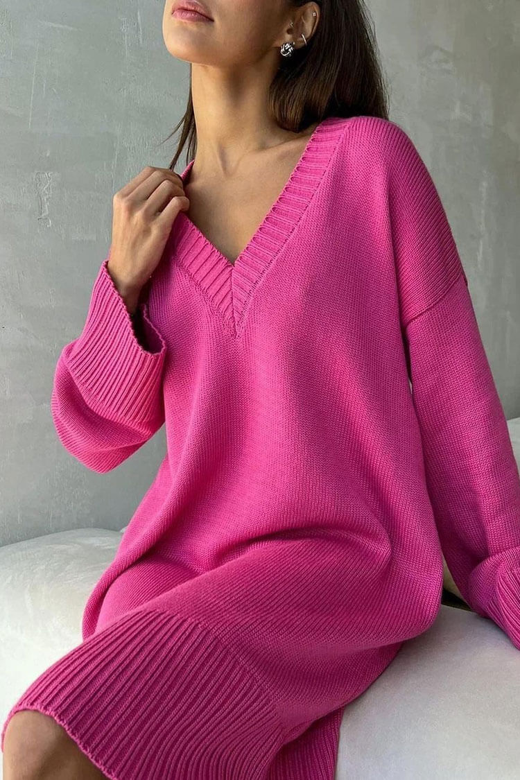 Casual Deep V Long Sleeve Shift Winter Oversized Sweater Mini Dress - Hot Pink