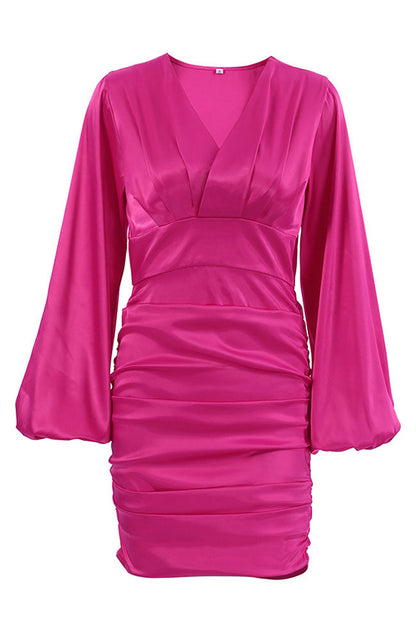 Chic Deep V Bishop Sleeve Ruched Bodycon Party Mini Dress - Hot Pink