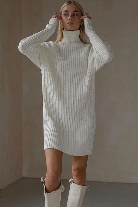 Chic Turtleneck Long Sleeve Chunky Ribbed Knit Winter Sweater Mini Dress - White