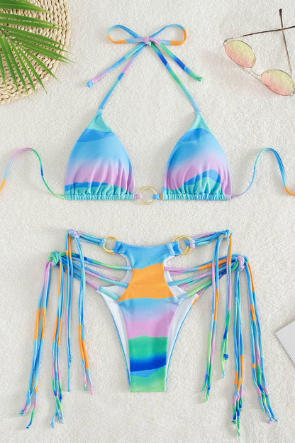 Colorful Strappy Cutout O Ring Slide Triangle Bikini Bikini Two Piece Swimsuit