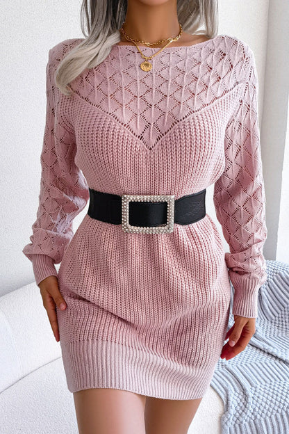 Comfy Long Sleeve Pointelle Crochet Knit Winter Sweater Mini Dress - Pink