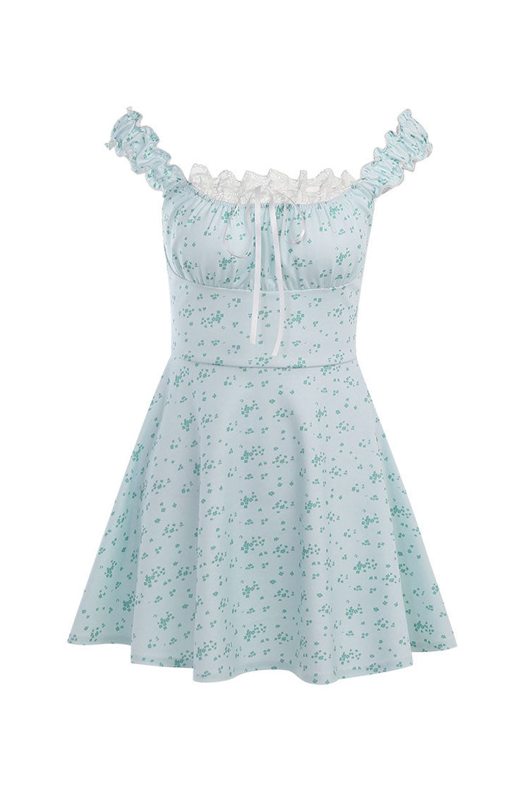 Cute Bow Trim Ruffled Lace Suspender Strap Floral Printed Mini Sundress