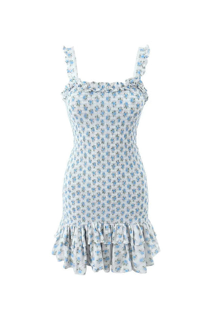 Cute Floral Print Ruffle Square Neck Bodycon Tiered Smocked Mini Sundress