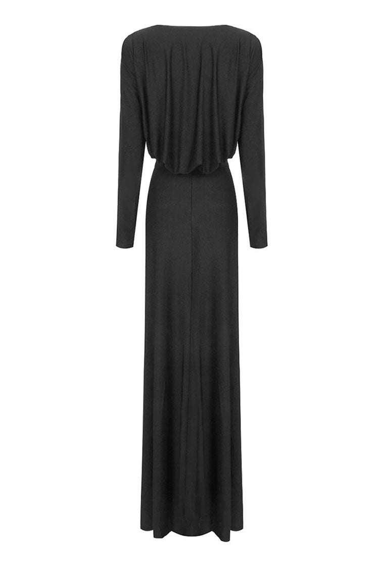 Diva V Neck Long Sleeve Cutout Twist Ruched Draped Jersey Evening Maxi Dress