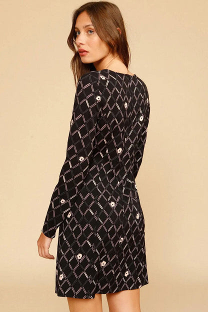 Elegant Argyle Floral Print French Long Sleeve Mini Dress - Black