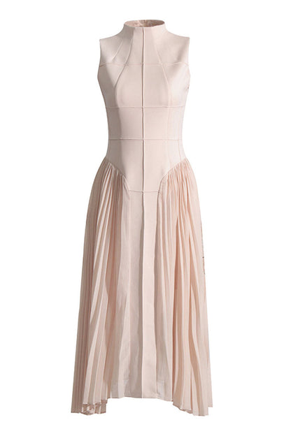 Elegant Solid Mock Neck Sleeveless Drop Waist Pleated Summer Midi Dress