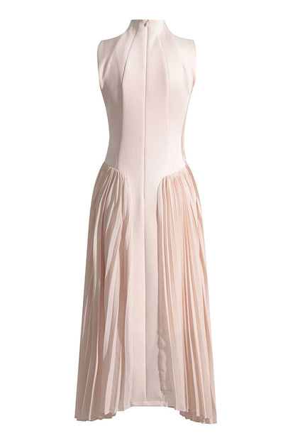 Elegant Solid Mock Neck Sleeveless Drop Waist Pleated Summer Midi Dress