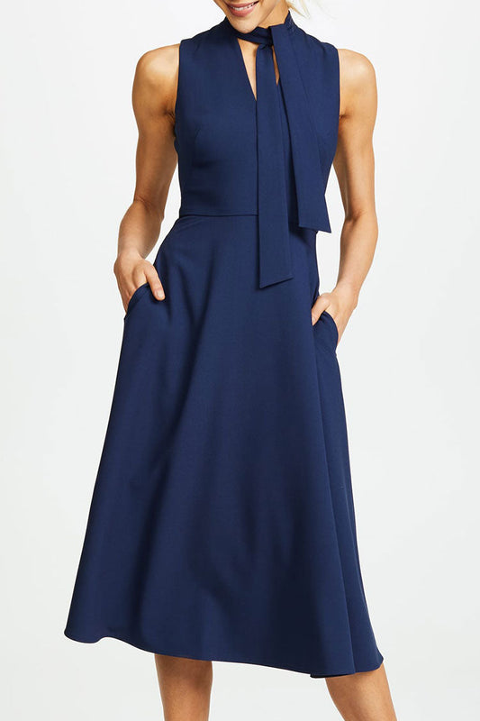 Elegant Tie Neck Sleeveless Fit & Flare Skater Midi Dress - Navy Blue