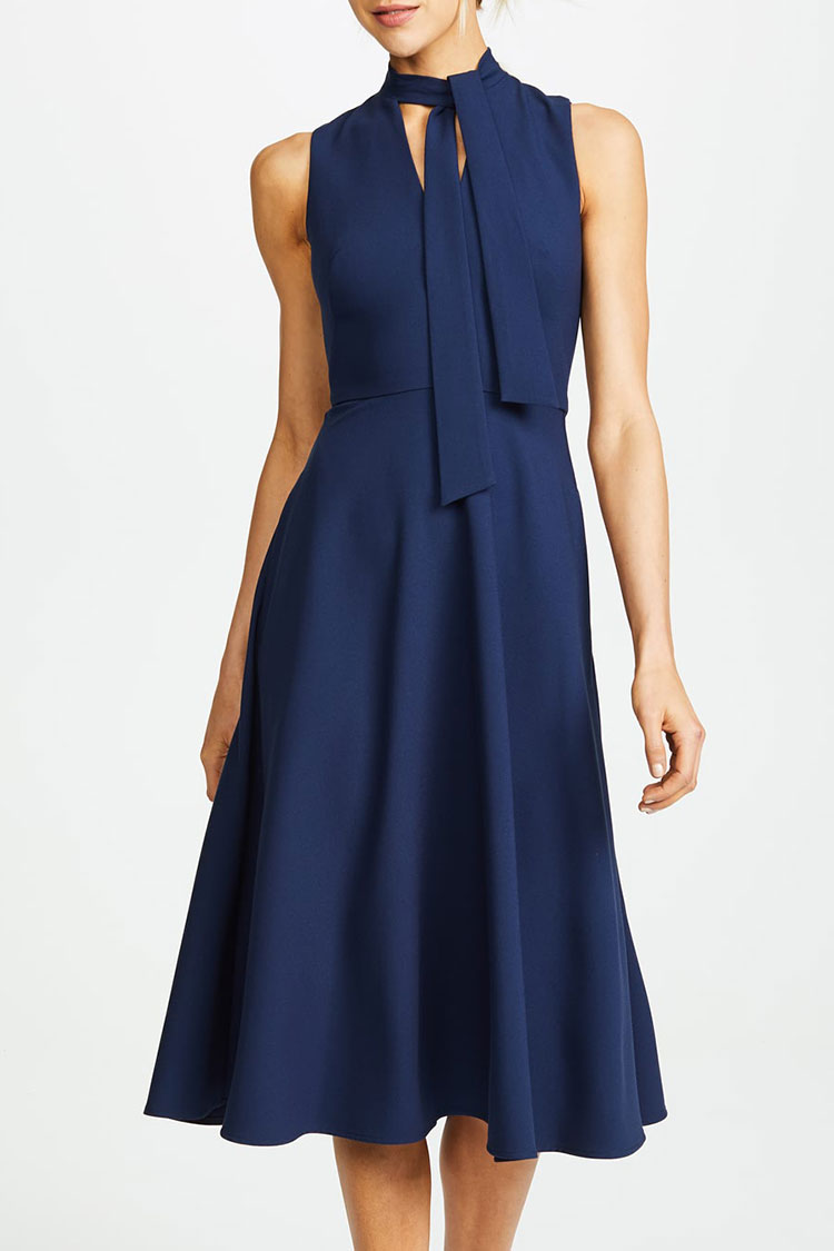 Elegant Tie Neck Sleeveless Fit & Flare Skater Midi Dress - Navy Blue