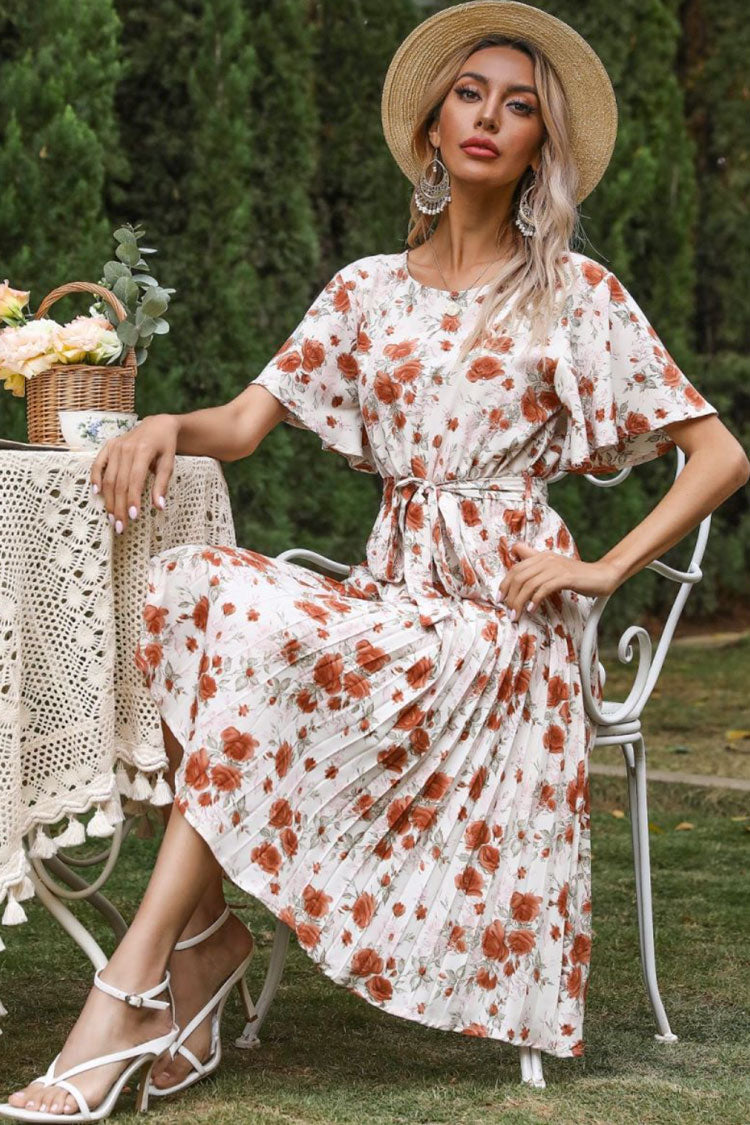 Flowy Round Neck Short Sleeve Pleated Floral Printed Midi Dress - White