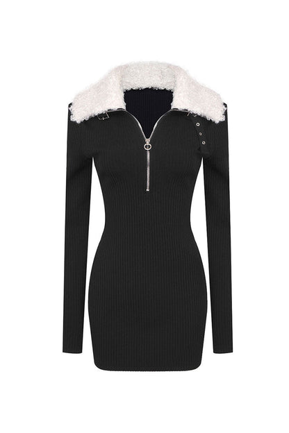 Fluffy Zipper Collar Long Sleeve Bodycon Ribbed Bandage Party Mini Dress