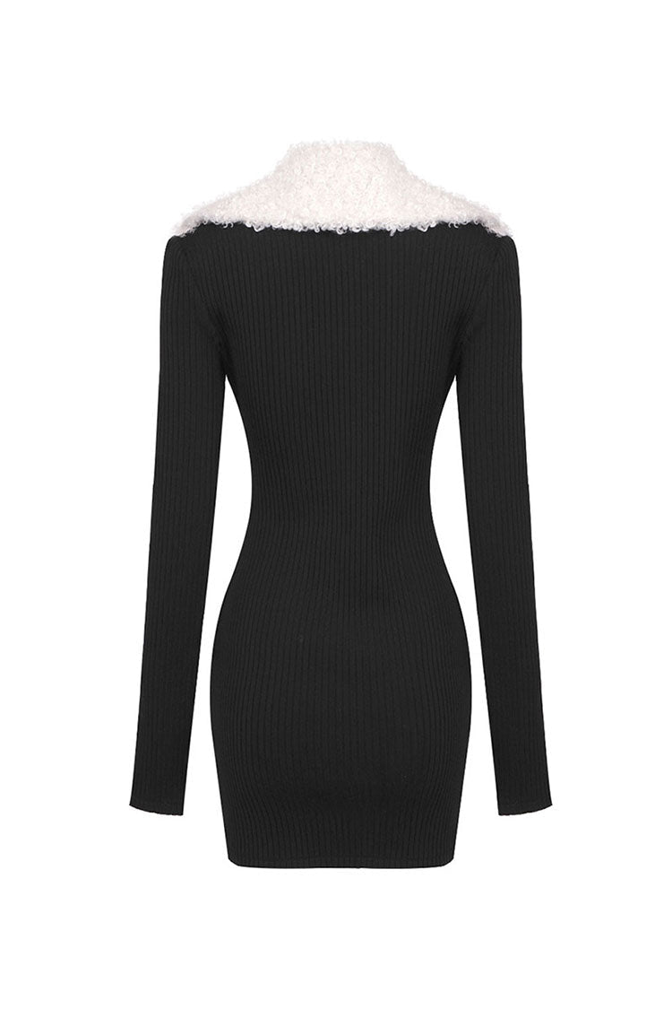 Fluffy Zipper Collar Long Sleeve Bodycon Ribbed Bandage Party Mini Dress